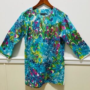 KikiSol Tunic M Tropical 3/4 Sleeves Floral Coverup Boho Beach Casual Vacation